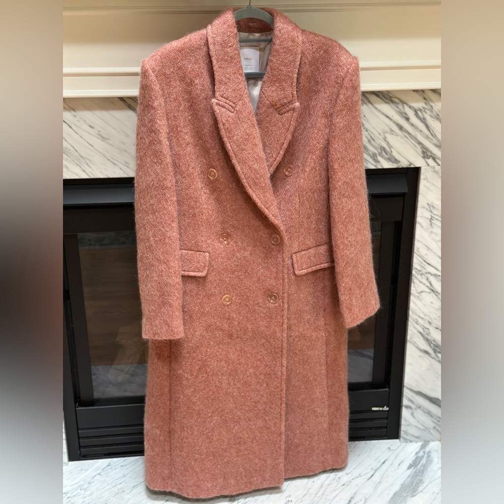 Mango Double-Breasted Italian Wool Coat in Dusty Rose